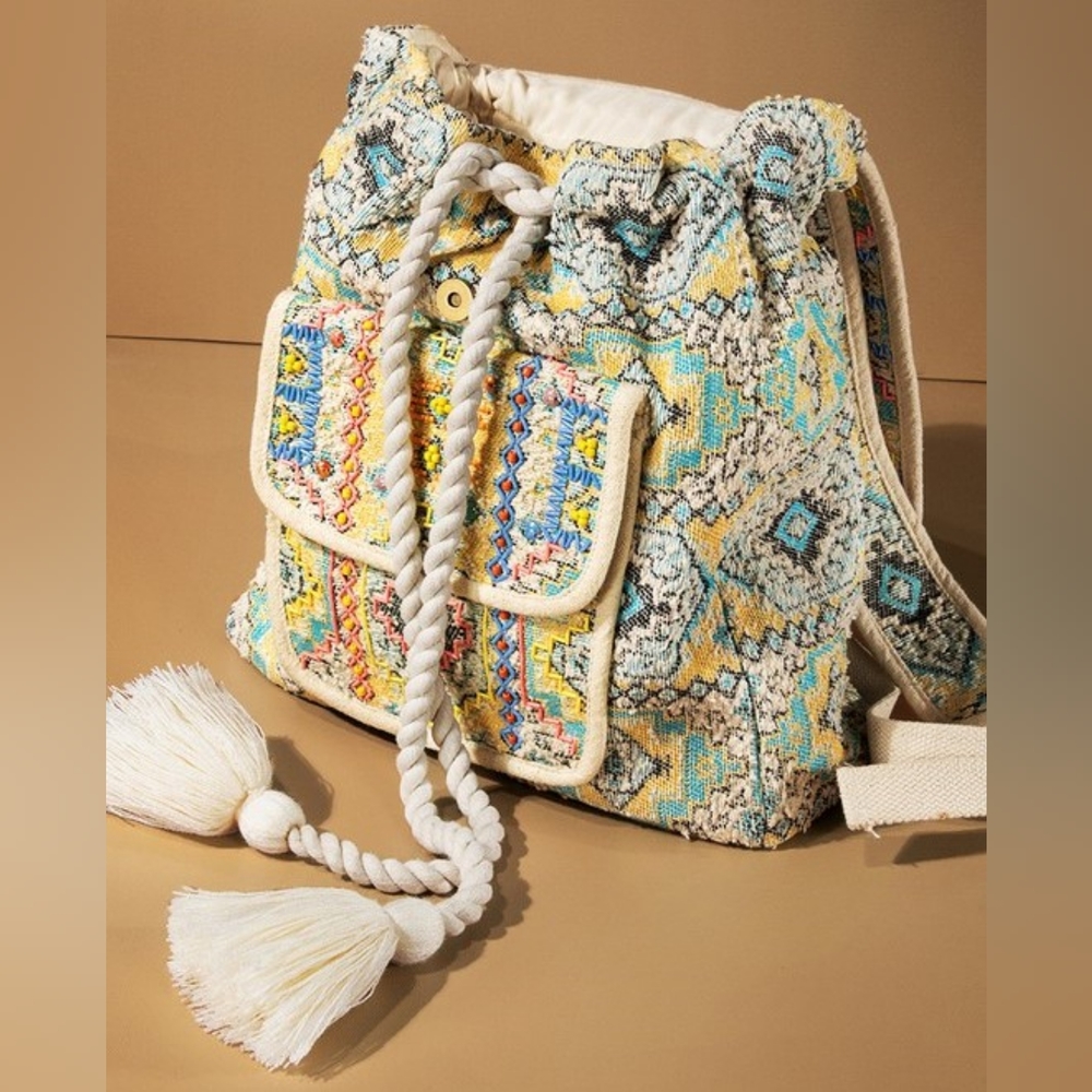 Boho Chic Backpack - Ethnic Inspired Pattern - Hand Beaded Accents - Fine Cotton - Picture 6 of 16